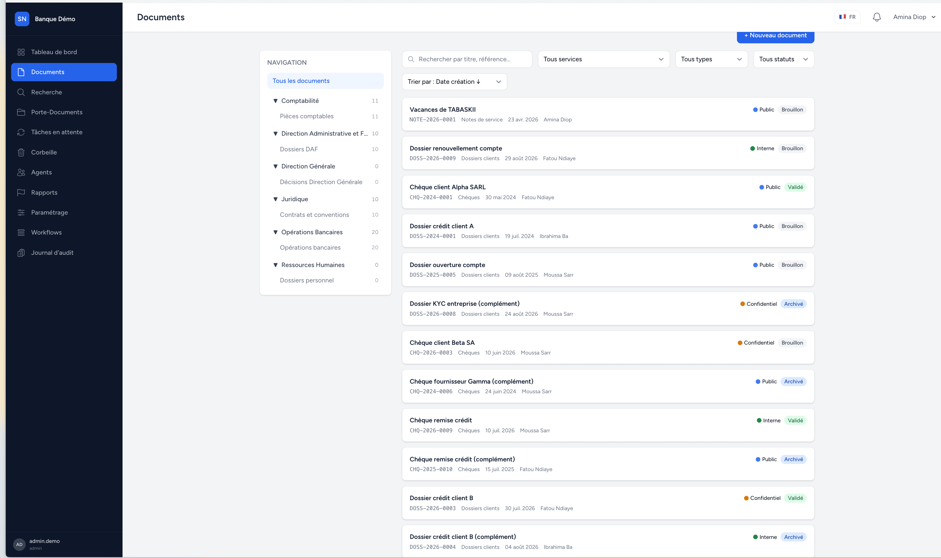 Interface de gestion documentaire SOLUGEID avec arborescence des services, liste des documents et filtres de recherche