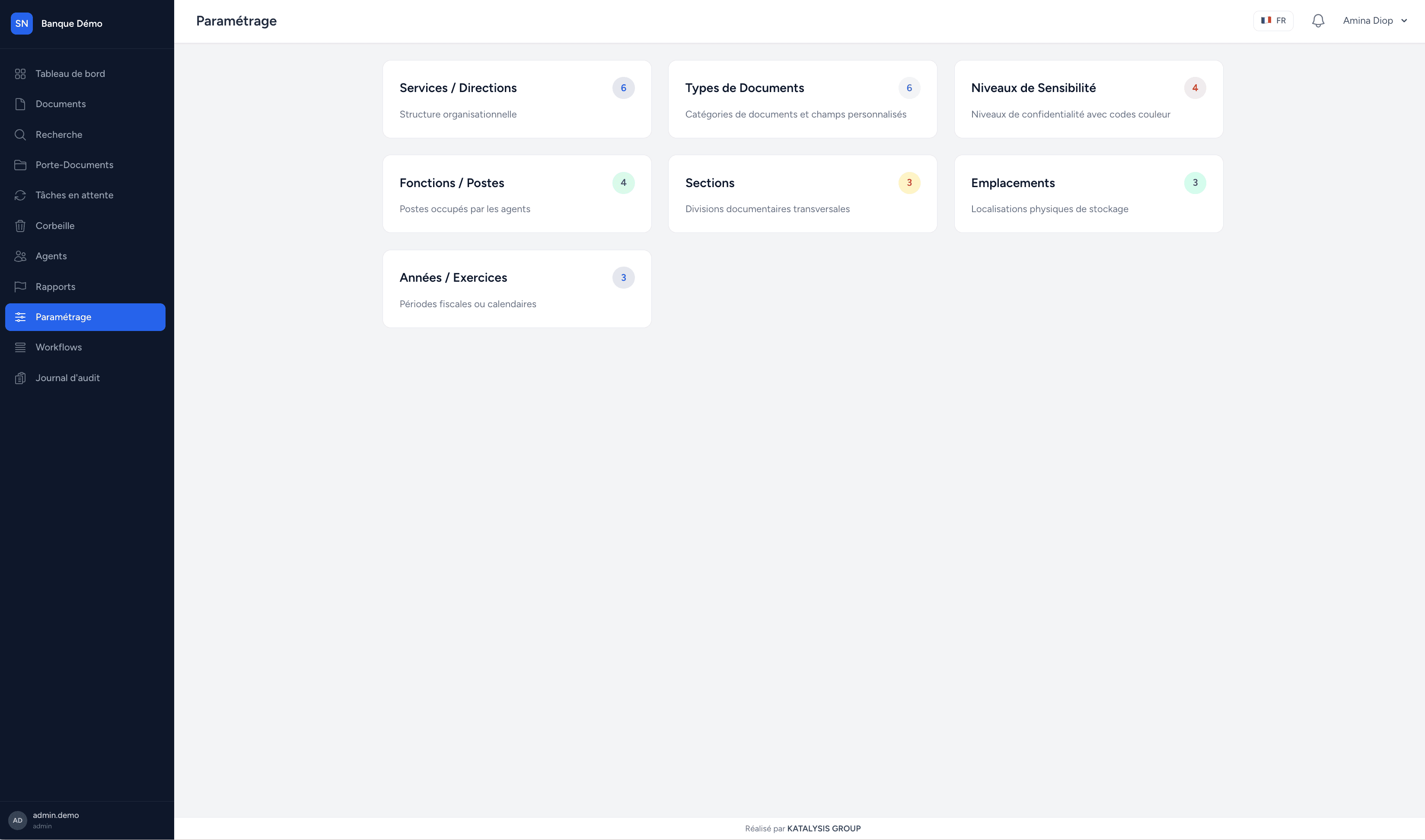 Interface de paramétrage SOLUGEID avec gestion des services, types de documents, niveaux de sensibilité et permissions