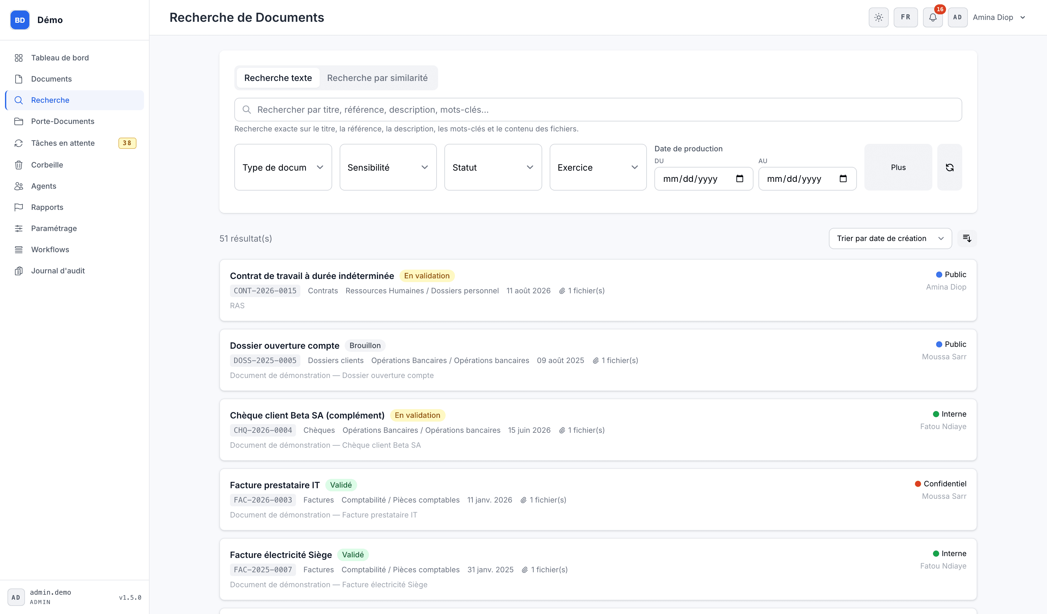 Recherche SOLUGEID : bascule entre recherche texte et recherche par similarité, filtres par type, sensibilité, statut et exercice, 51 résultats