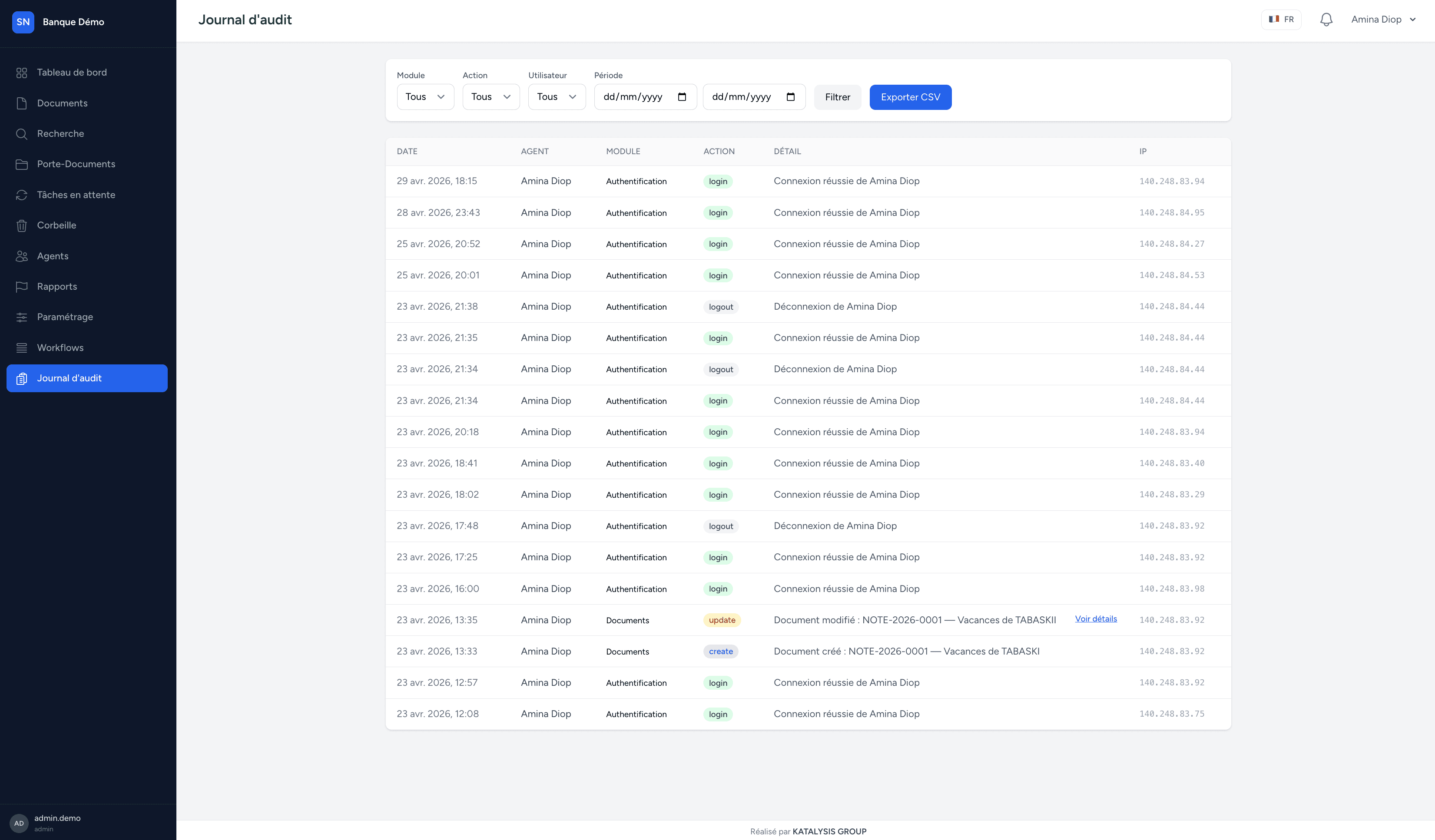 Interface de sécurité et audit SOLUGEID montrant le journal d'audit, les rôles RBAC et l'historique des connexions