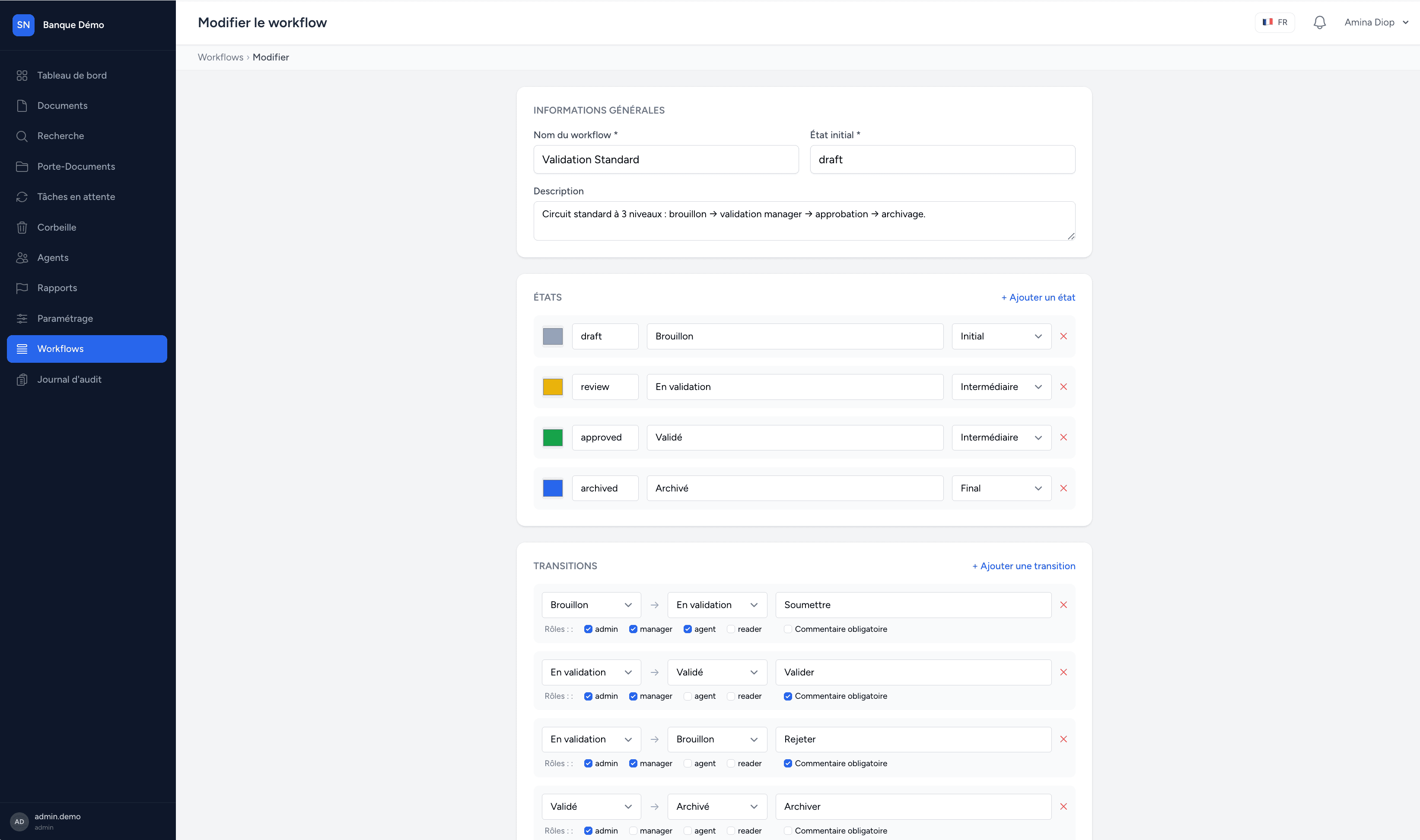 Interface de configuration des workflows SOLUGEID montrant les étapes de validation, les rôles et l'historique des transitions